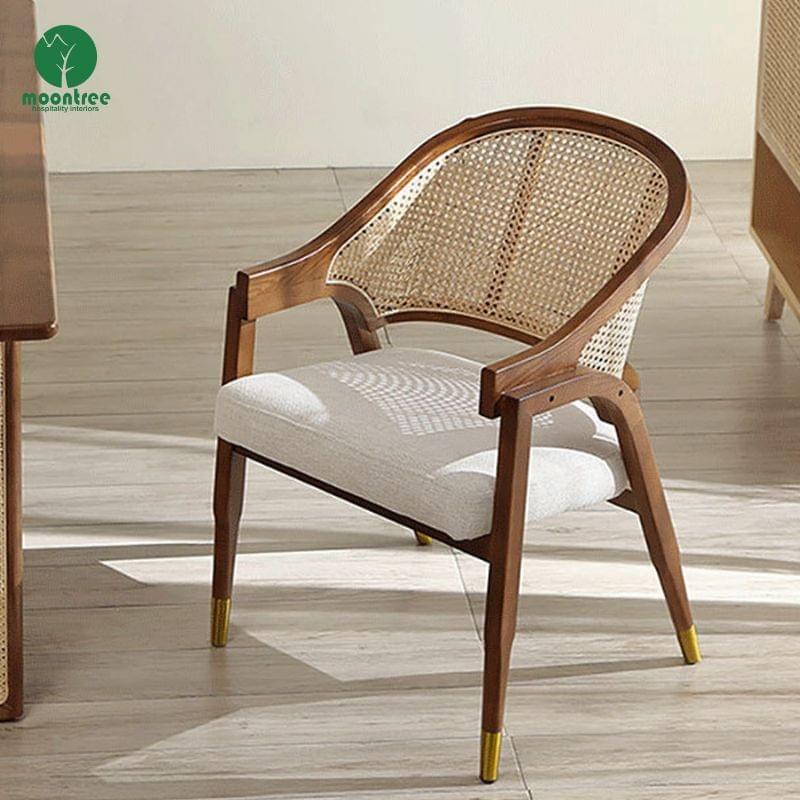 Mid Century Accent Chair Solid Wood Dining Chair Moontree Rattan Wooden Armrest Chair