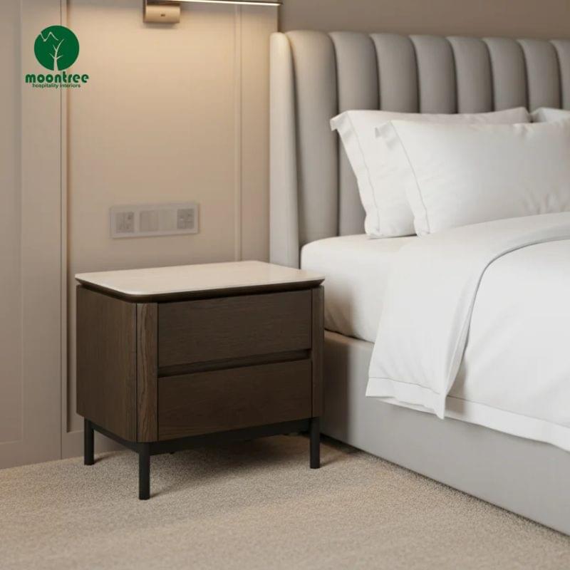 Luxury Hotel Bedroom Nightstand, Solid Wood with White Marble Countertop