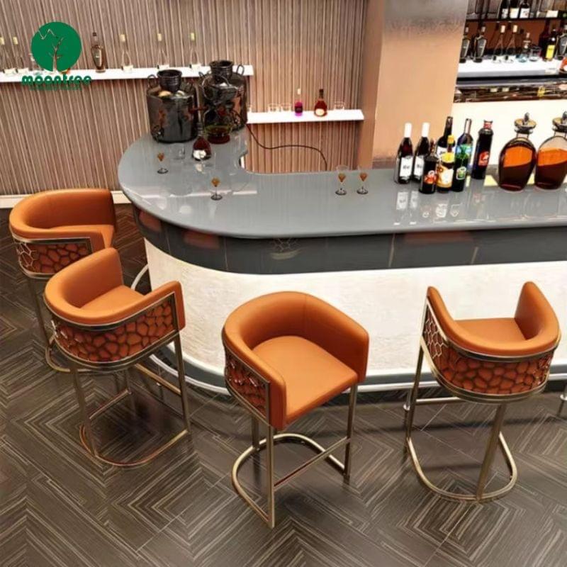Moontree Orange Leather Bar Stools with Honeycomb Metal Frame