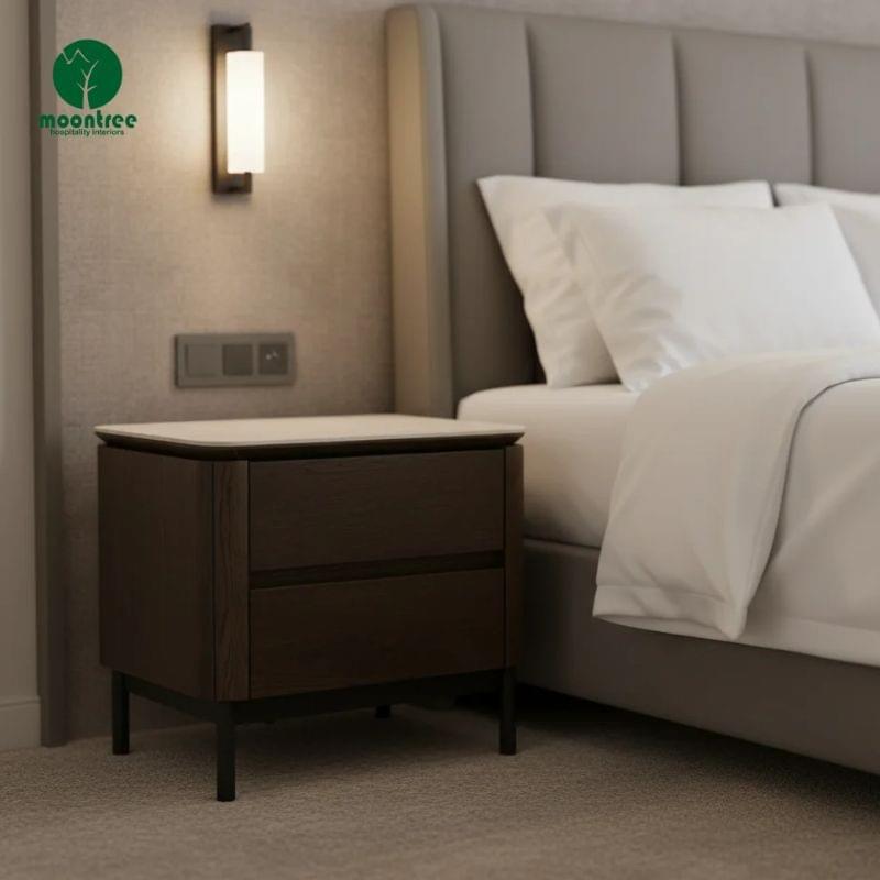 Luxury Hotel Bedroom Nightstand, Solid Wood with White Marble Countertop
