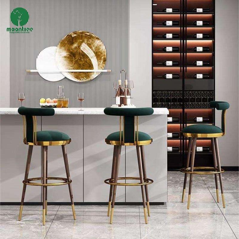 Moontree Green Velvet Bar Stools with Gold Rim & Wood Legs