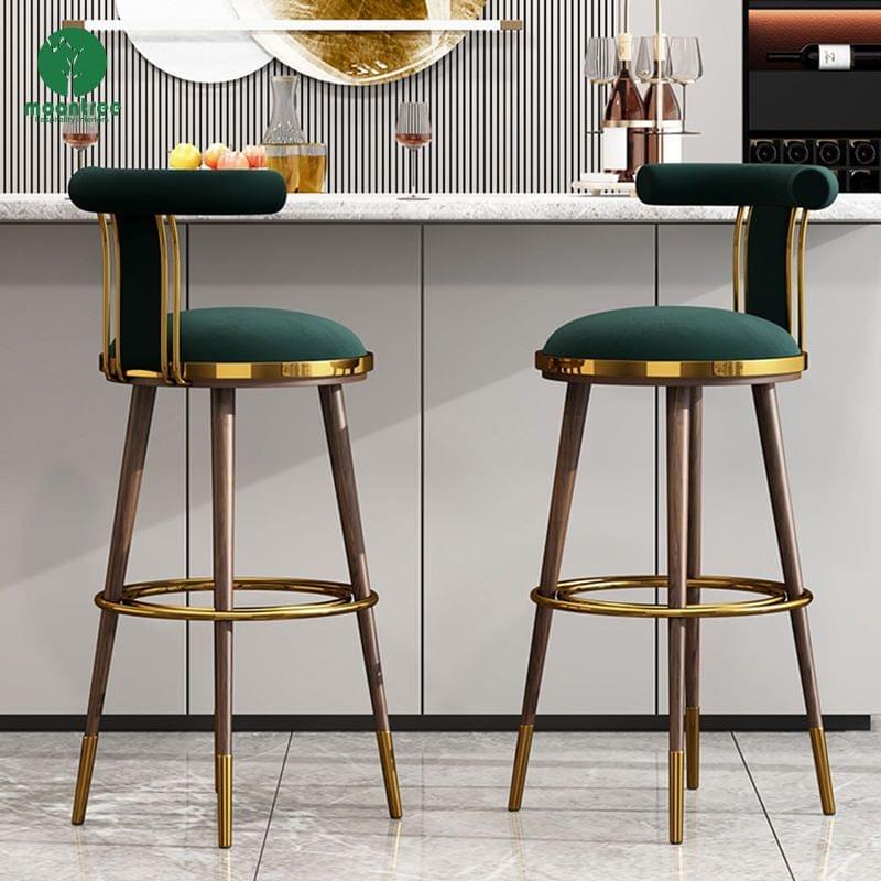 Moontree Dark Blue Leather Bar Stool with Gold Armrest & Wood Base
