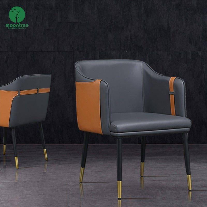 Two‑Tone Leather Upholstered Dining Armchair with Black Gold Metal Legs