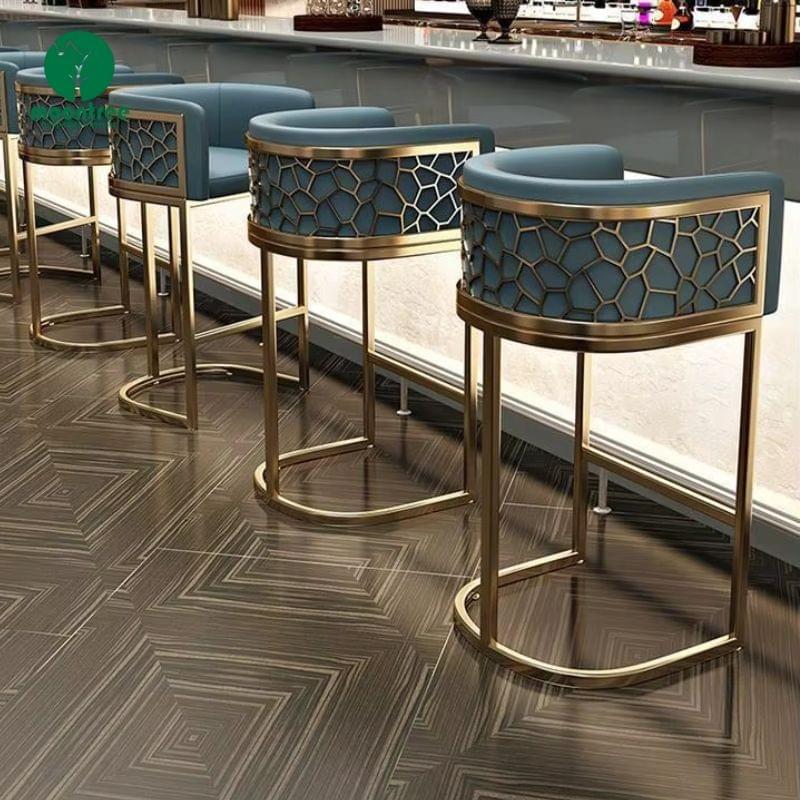 Moontree Dark Blue Leather Bar Stool with Gold Armrest & Wood Base