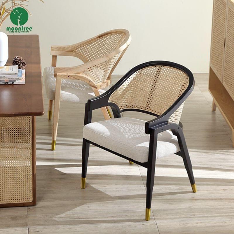 Mid Century Accent Chair Solid Wood Dining Chair Moontree Rattan Wooden Armrest Chair