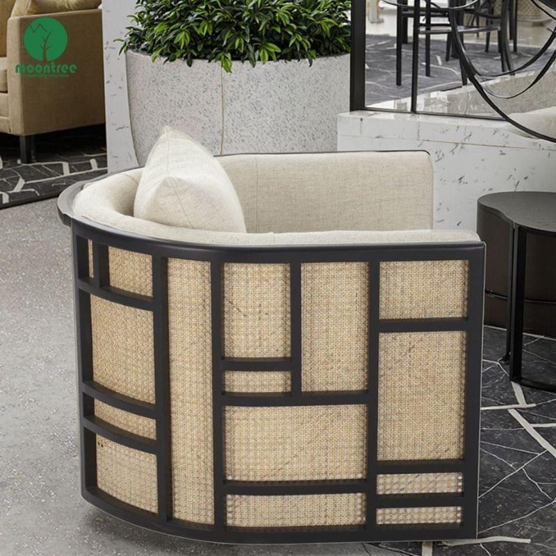 Natural Rattan Accent Chair with Upholstered Cushion Solid Wood Frame Rattan Lounge Chair