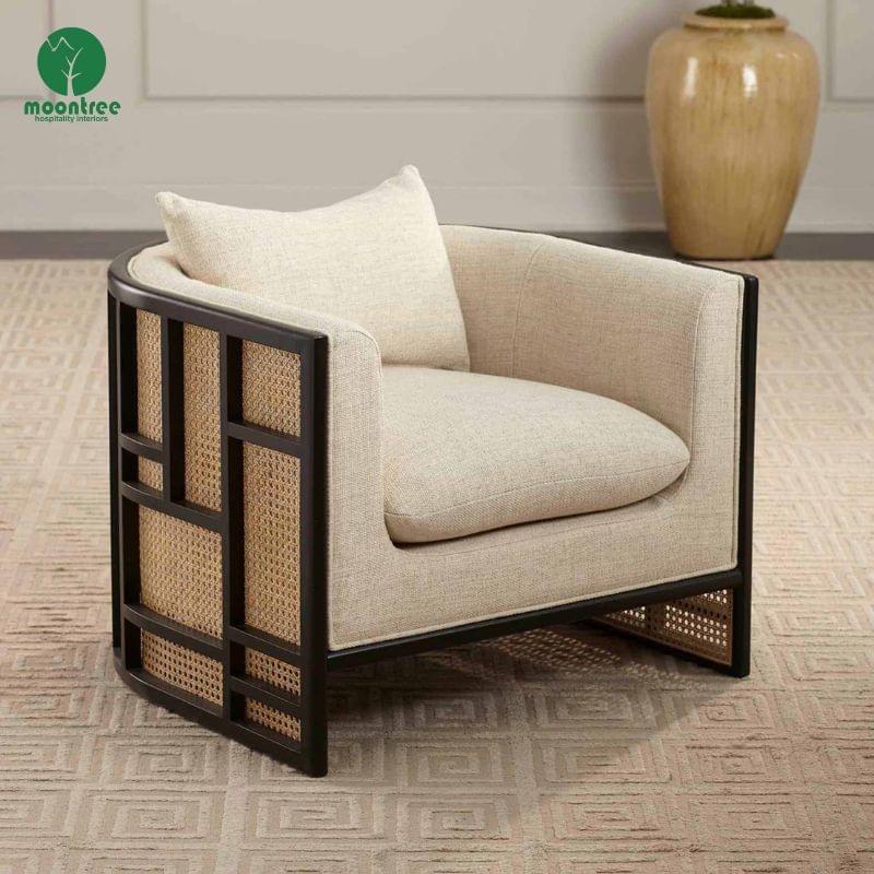 Natural Rattan Accent Chair with Upholstered Cushion Solid Wood Frame Rattan Lounge Chair