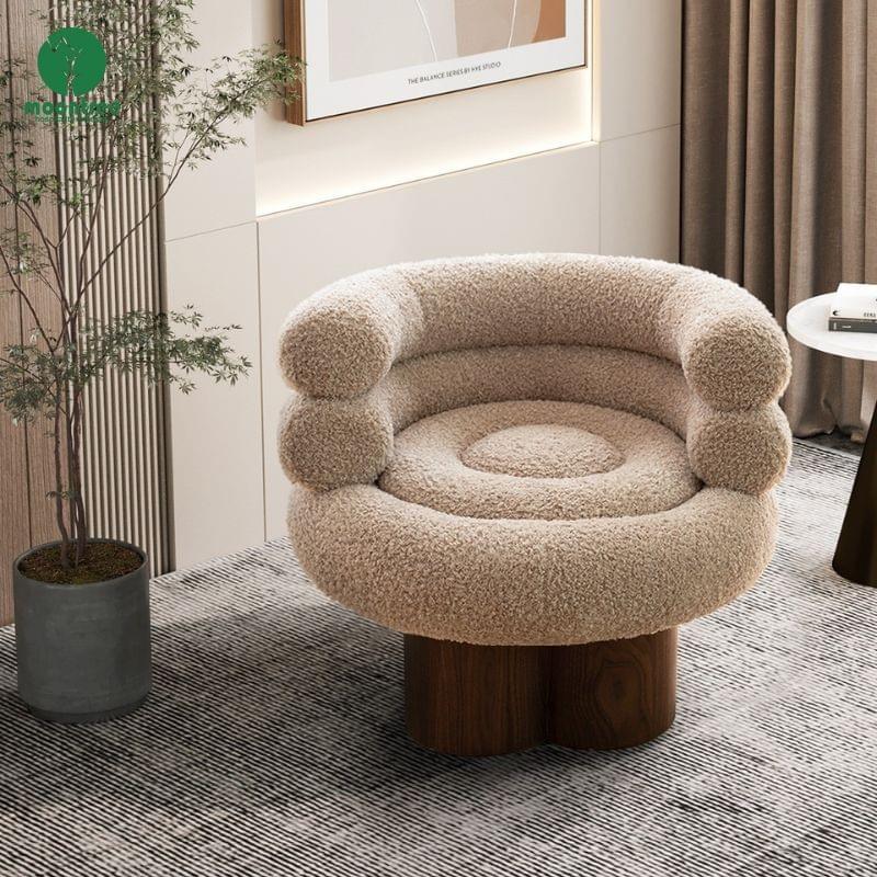 Modern Boucle Swivel Accent Chair, Upholstered Teddy Fabric Armchair with Solid Wood Base