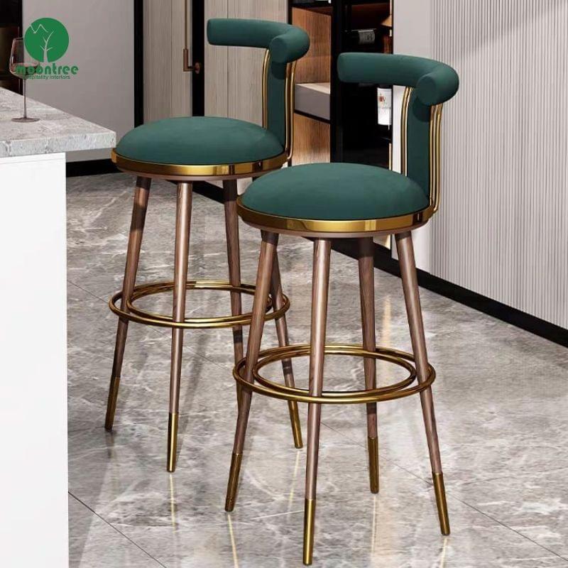 Moontree Green Velvet Bar Stools with Gold Rim & Wood Legs