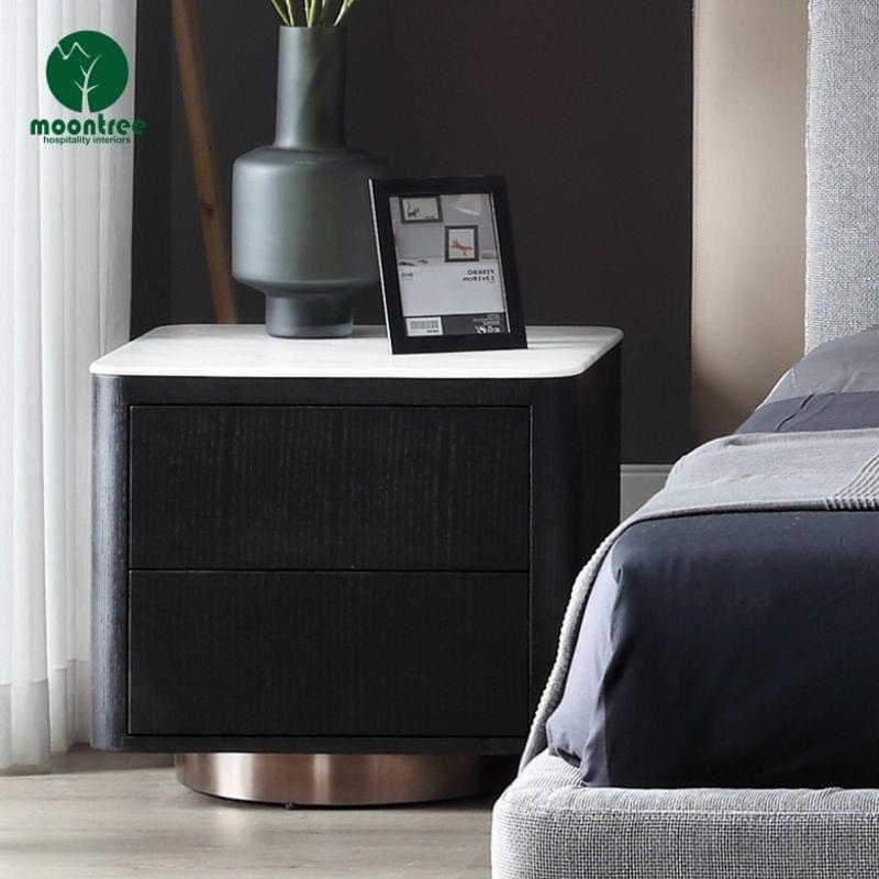 Modern Fluted Black Wood 3 Drawer Nightstand, Luxury Hotel Bedside Table for Contemporary Guest Room