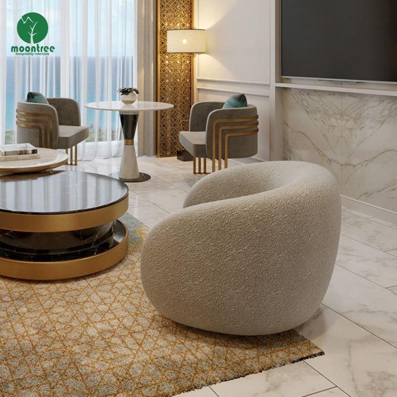 Modern Boucle Swivel Accent Chair, Upholstered Round Armchair with Metal Base