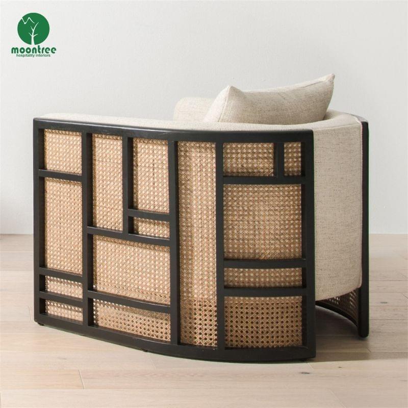 Natural Rattan Accent Chair with Upholstered Cushion Solid Wood Frame Rattan Lounge Chair