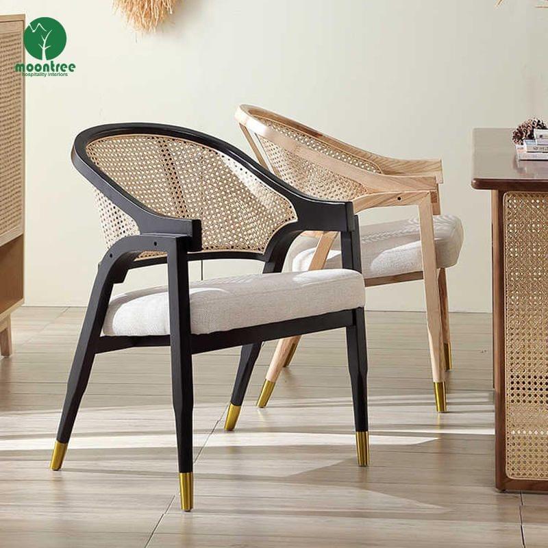 Mid Century Accent Chair Solid Wood Dining Chair Moontree Rattan Wooden Armrest Chair
