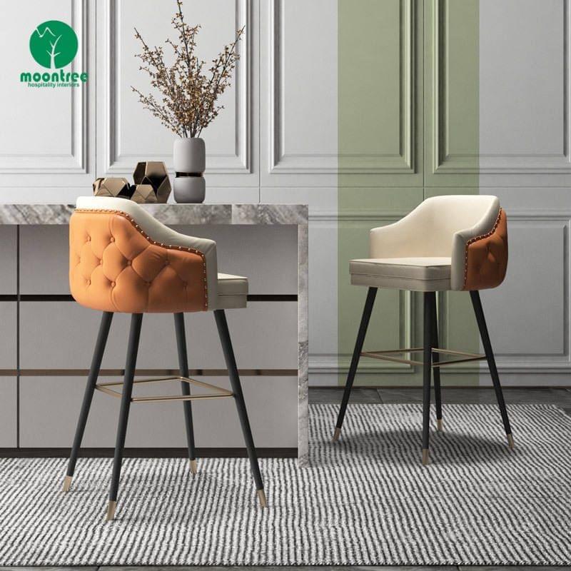 Moontree Dark Blue Leather Bar Stool with Gold Armrest & Wood Base