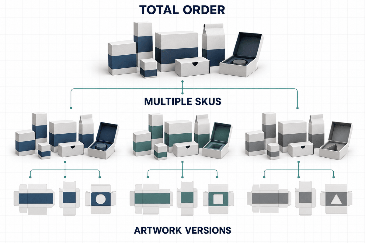 Three quantity levels in a multi-SKU custom packaging project Three quantity levels in a multi-SKU custom packaging project