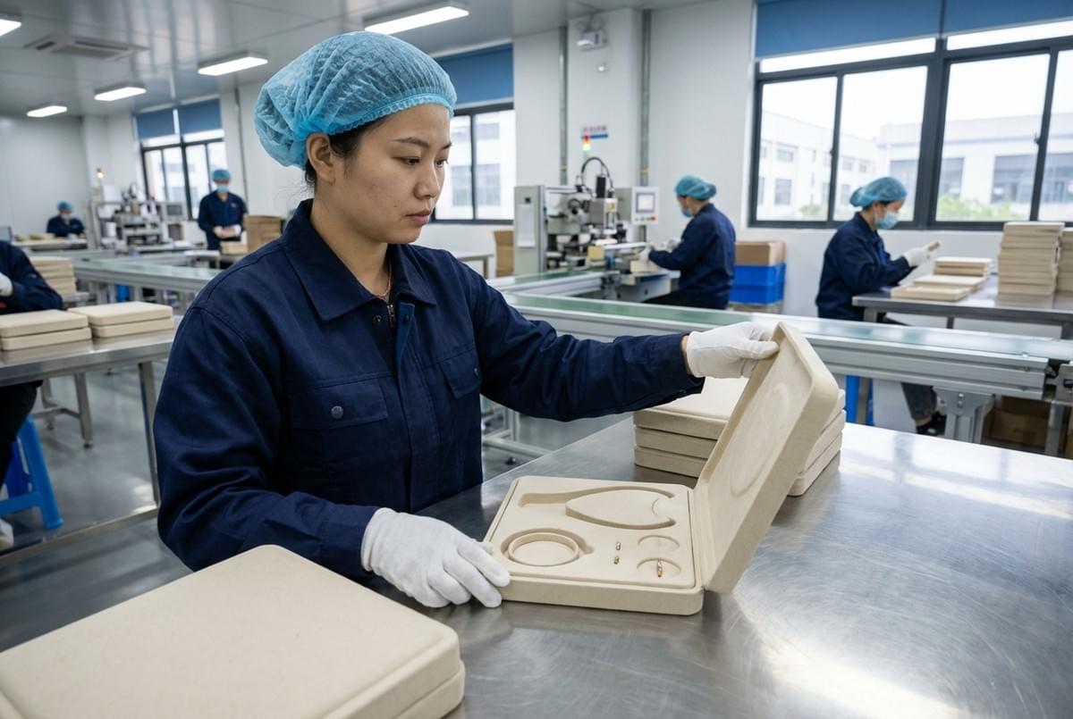Eco-friendly molded pulp insert for jewelry packaging, shown in a factory setting, offering sustainable and form-fit protection for necklaces, bracelets, and earrings. Eco-friendly molded pulp insert for jewelry packaging, shown in a factory setting, offering sustainable and form-fit protection for necklaces, bracelets, and earrings.