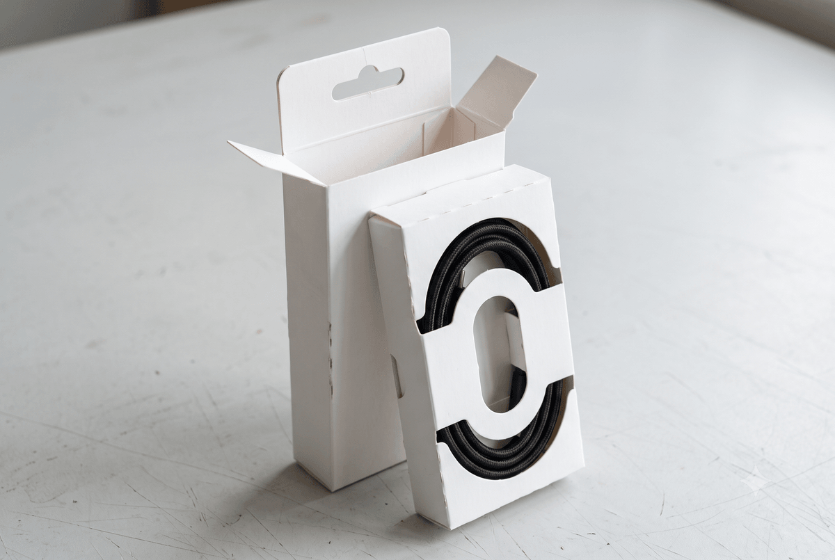 White folding carton with hanging tab and fitted paperboard insert for a coiled USB cable White folding carton with hanging tab and fitted paperboard insert for a coiled USB cable