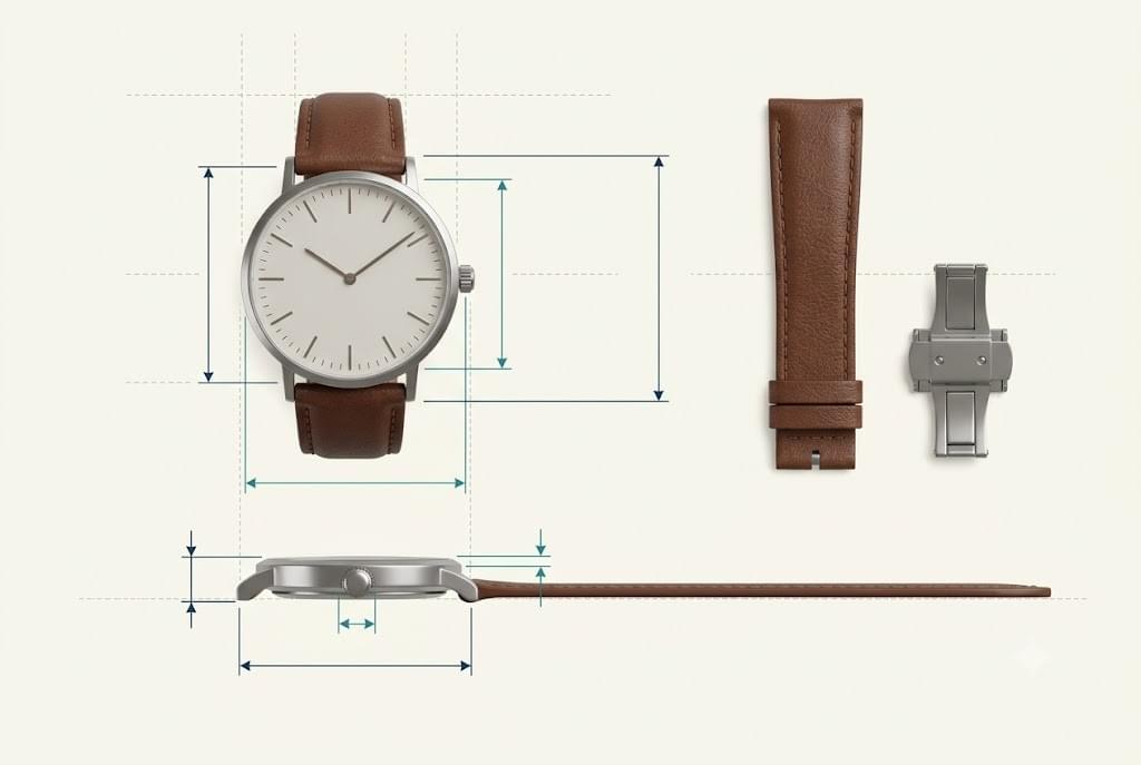 Watch measurement diagram showing case diameter, total width, thickness and lug-to-lug dimensions Watch measurement diagram showing case diameter, total width, thickness and lug-to-lug dimensions