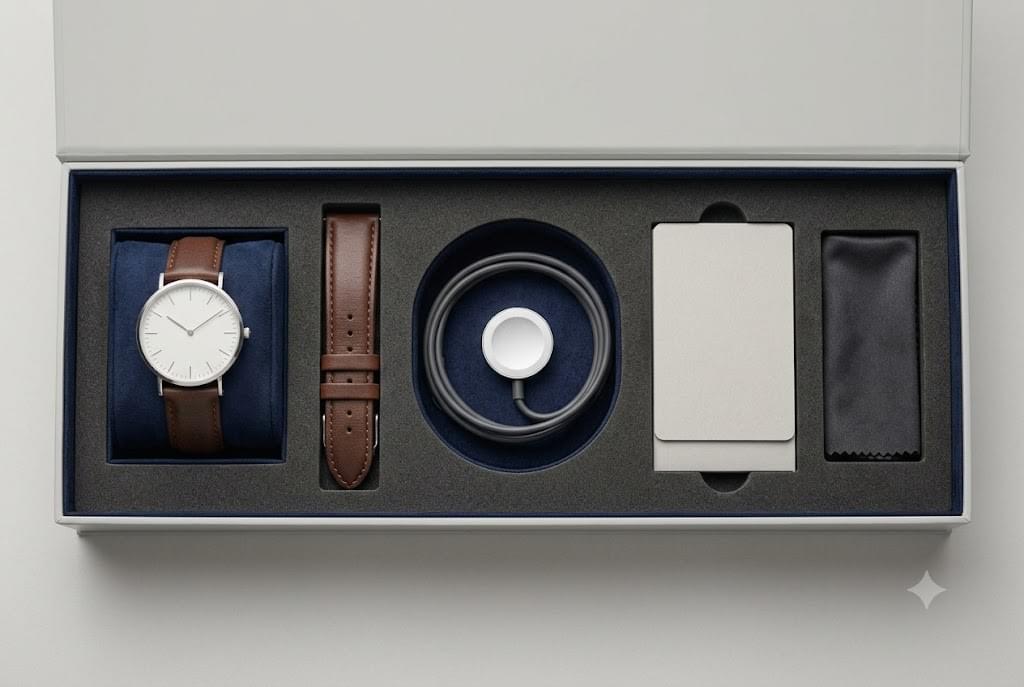 Custom watch box insert with compartments for a watch, extra strap, charger and warranty card Custom watch box insert with compartments for a watch, extra strap, charger and warranty card