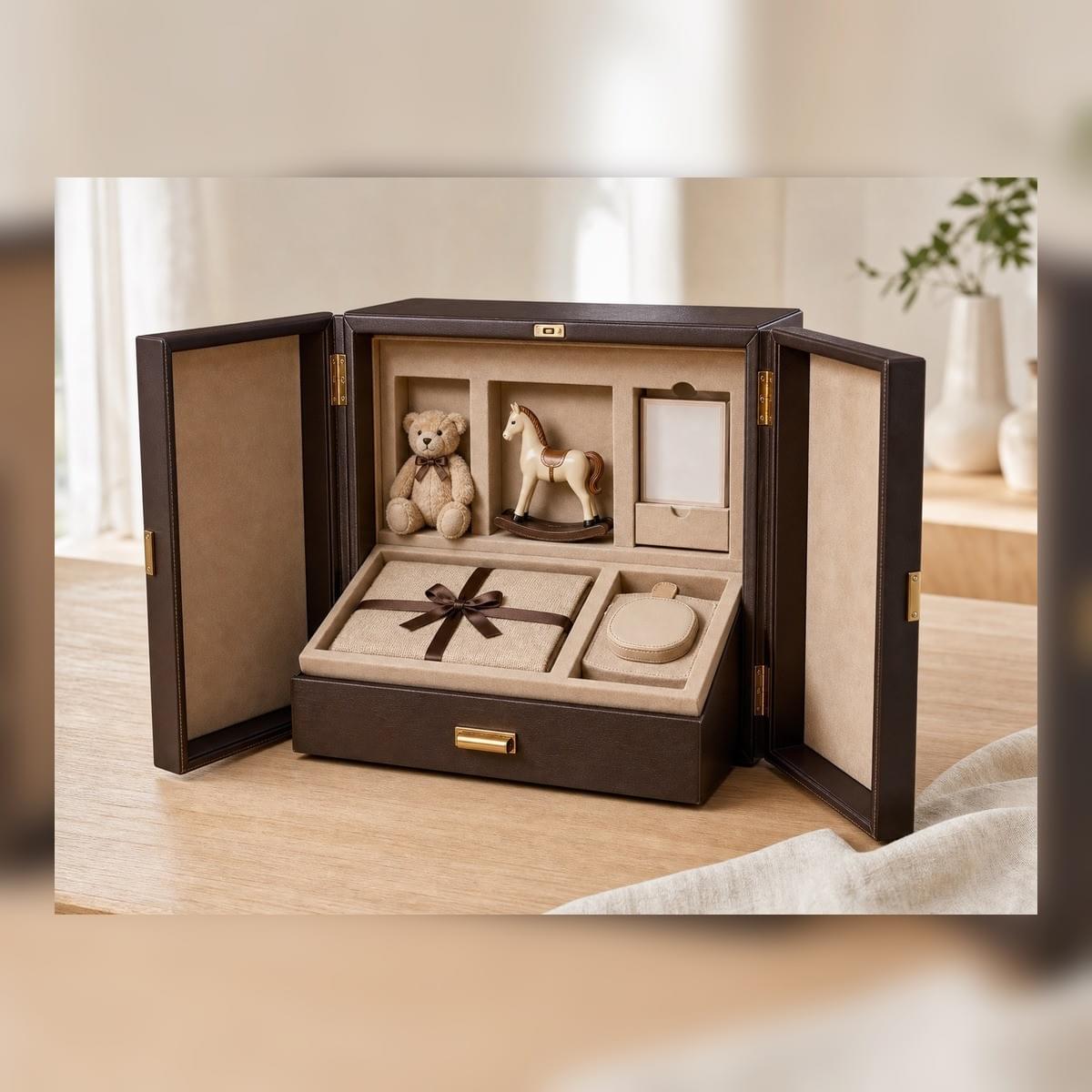 Handmade double-door presentation gift box with leather wrapping velvet lining and fitted compartments Handmade double-door presentation gift box with leather wrapping velvet lining and fitted compartments