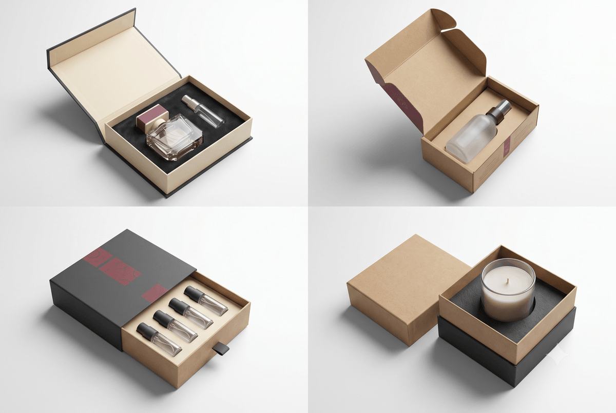 Rigid, folding, drawer and lid-and-base box structures for fragrance products Rigid, folding, drawer and lid-and-base box structures for fragrance products