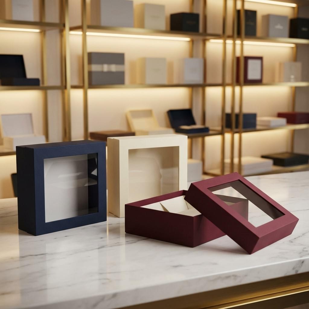 Window lid and base boxes with a clear PET window, one opened to show the interior and window detail. Window lid and base boxes with a clear PET window, one opened to show the interior and window detail.