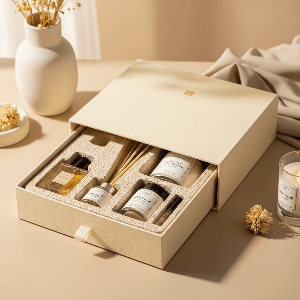 Molded pulp inserts for eco-friendly fragrance packaging and protective home scent gift boxes Molded pulp inserts for eco-friendly fragrance packaging and protective home scent gift boxes