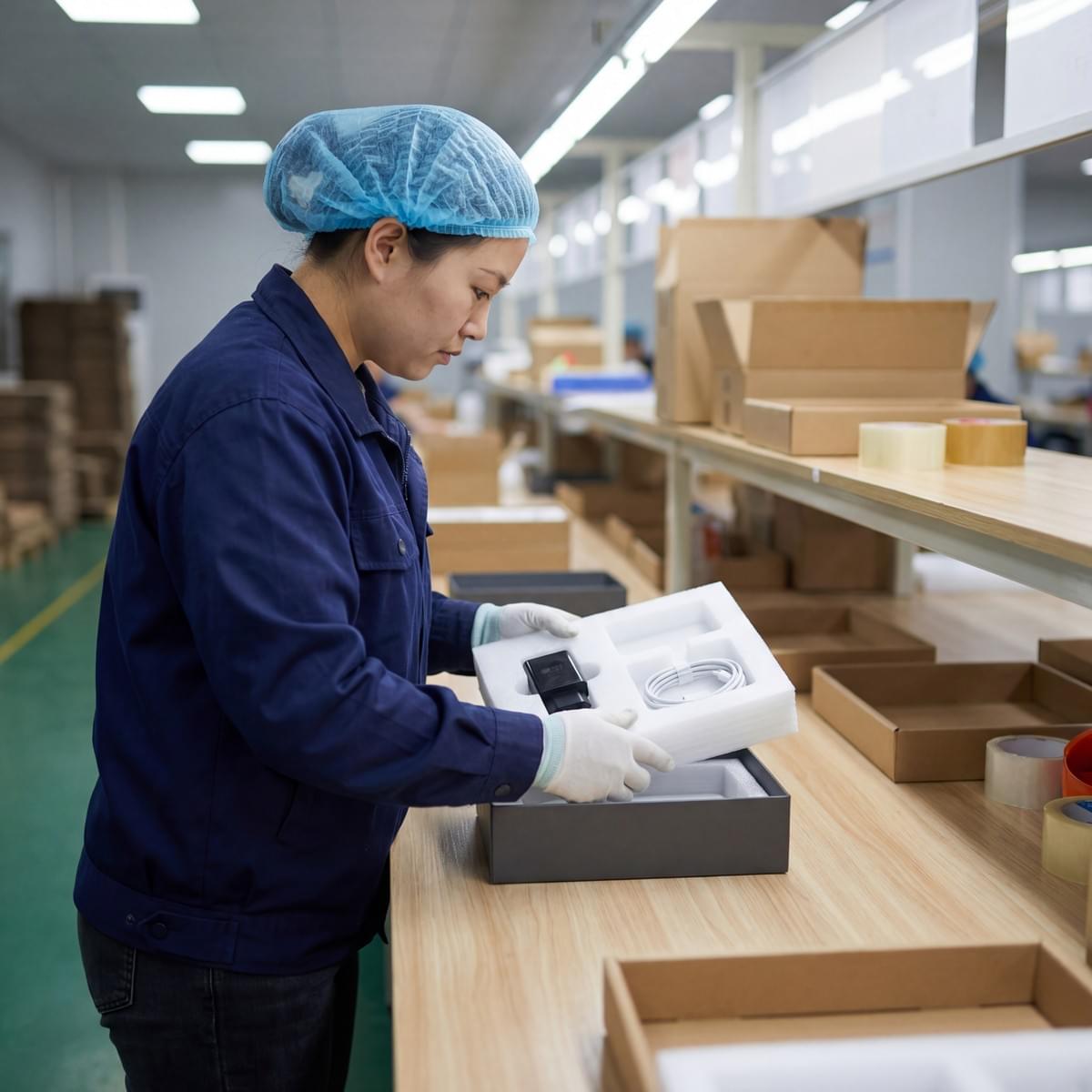 Chinese packaging factory assembly table with foam insert (EPE/PU) protecting electronics accessories. Chinese packaging factory assembly table with foam insert (EPE/PU) protecting electronics accessories.