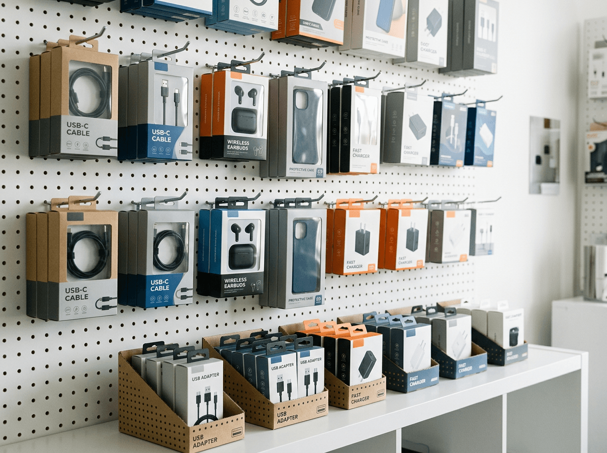 Retail display packaging for electronics accessories Retail display packaging for electronics accessories