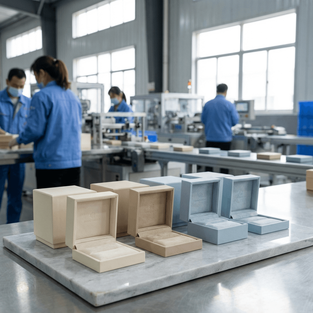 Premium jewelry boxes displayed in a modern Chinese factory, designed for retail and e-commerce brands. Premium jewelry boxes displayed in a modern Chinese factory, designed for retail and e-commerce brands.
