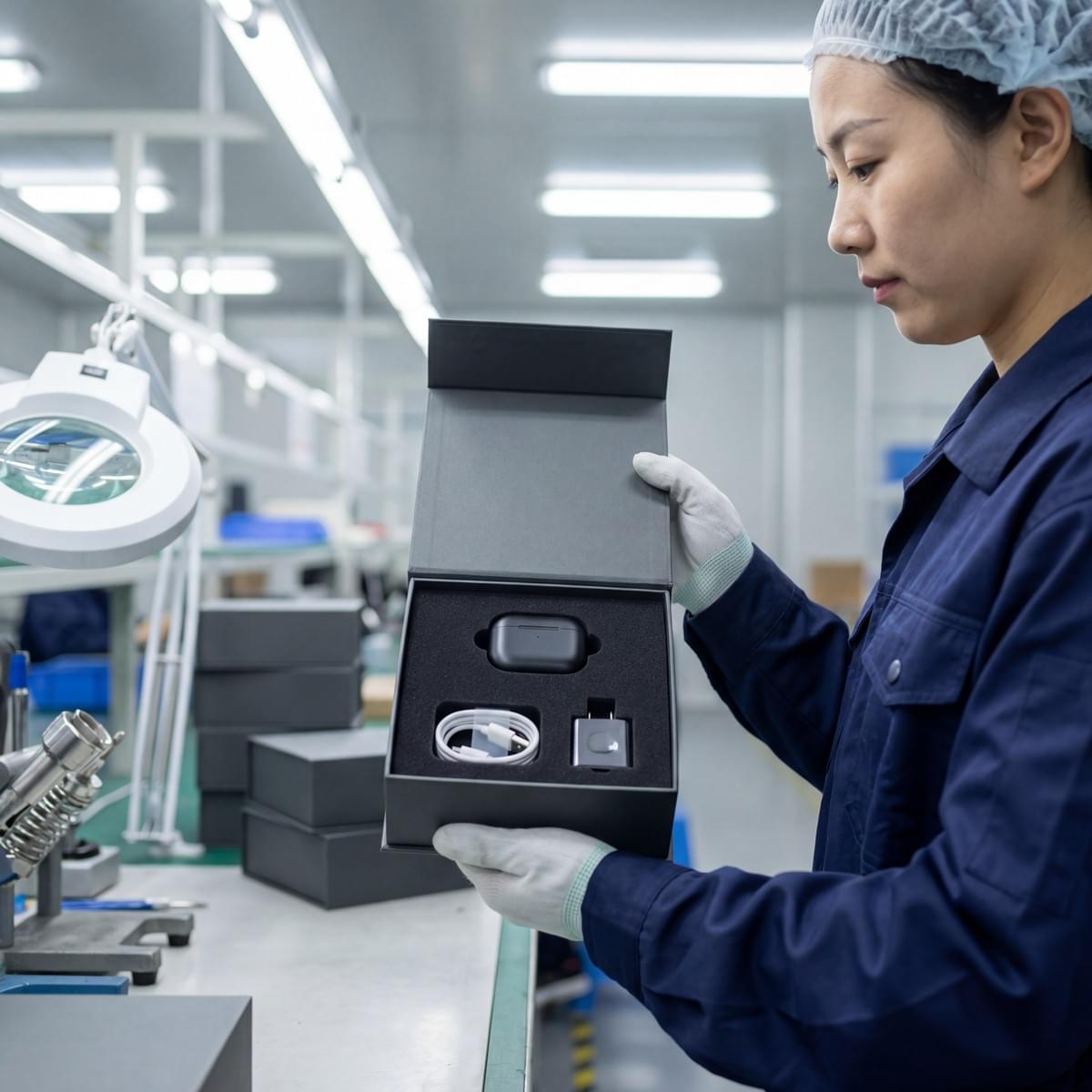 Chinese factory QC scene showing a rigid box with precision-cut EVA insert for electronics. Chinese factory QC scene showing a rigid box with precision-cut EVA insert for electronics.