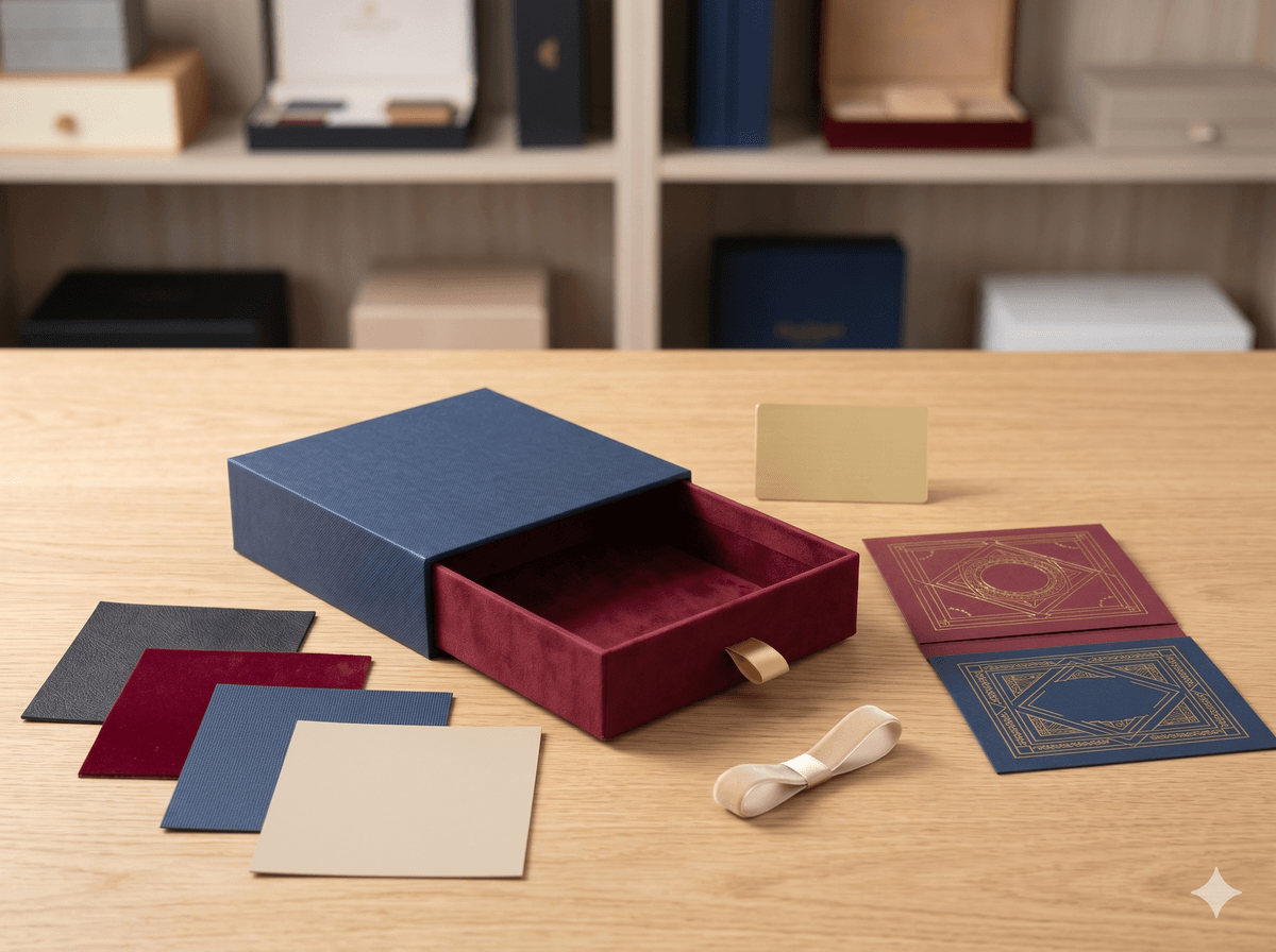 Luxury drawer box materials and finishing options with PU velvet and gold foil Luxury drawer box materials and finishing options with PU velvet and gold foil