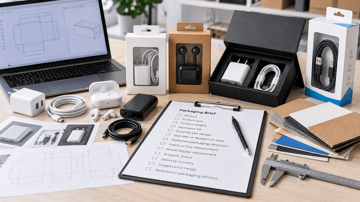 Electronics packaging brief review with product samples dieline inserts and material swatches Electronics packaging brief review with product samples dieline inserts and material swatches