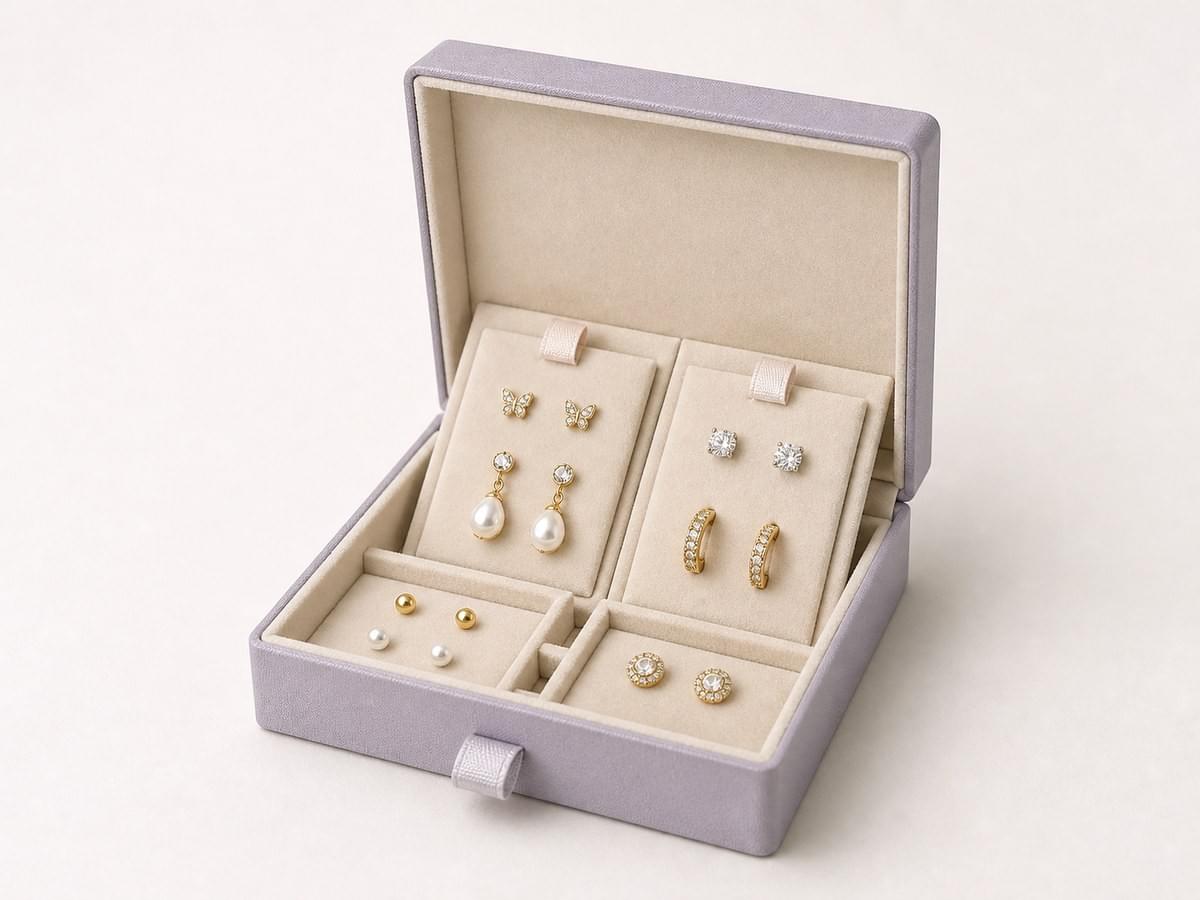 Custom earring and stud box with paired cards cavities and velvet pads Custom earring and stud box with paired cards cavities and velvet pads