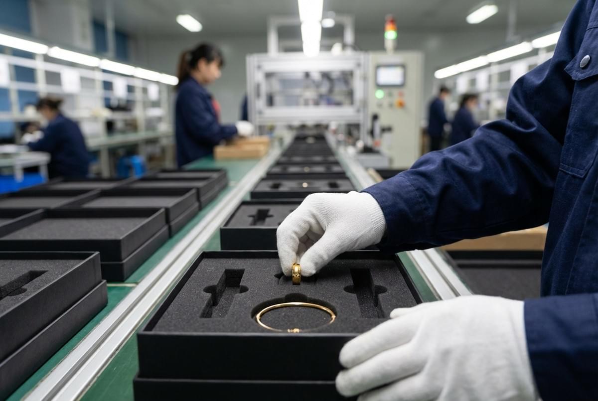 EVA insert for jewelry packaging shown in factory environment, providing precise fit and secure protection for rings, necklaces, and delicate fashion accessories. EVA insert for jewelry packaging shown in factory environment, providing precise fit and secure protection for rings, necklaces, and delicate fashion accessories.