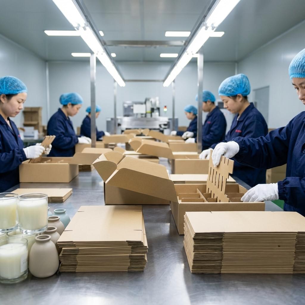 Chinese factory workers assembling die-cut paperboard inserts for home décor and lifestyle packaging boxes. Chinese factory workers assembling die-cut paperboard inserts for home décor and lifestyle packaging boxes.