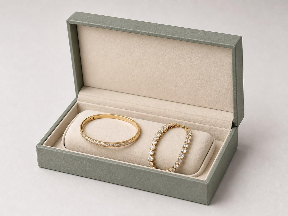 Custom bracelet and bangle box with shaped cushion support and soft lining Custom bracelet and bangle box with shaped cushion support and soft lining