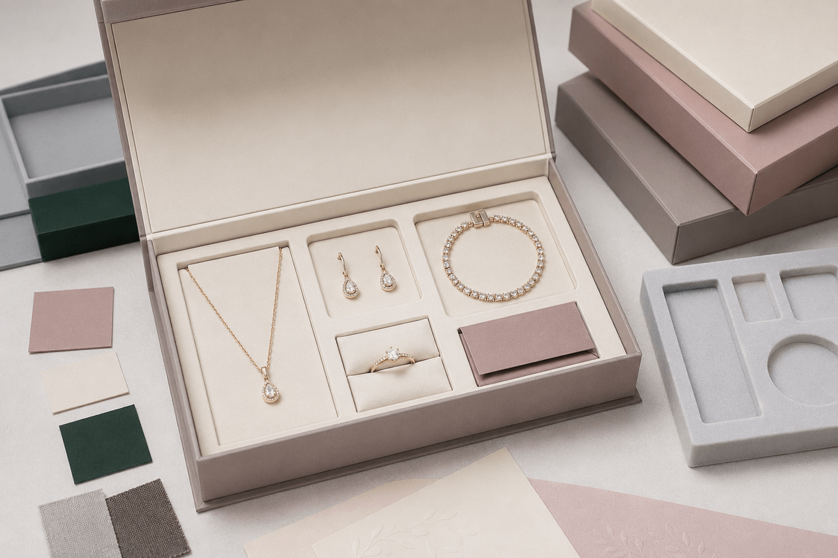 Jewelry gift set insert layout for multiple items in one box Jewelry gift set insert layout for multiple items in one box