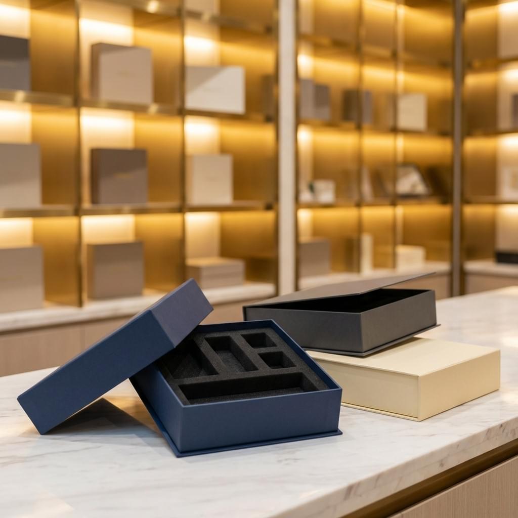 Rigid box with a precision-cut EVA foam insert, shown open on a marble counter in a luxury showroom. Rigid box with a precision-cut EVA foam insert, shown open on a marble counter in a luxury showroom.