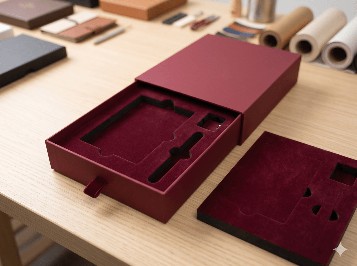 Velvet insert options for luxury drawer box packaging Velvet insert options for luxury drawer box packaging