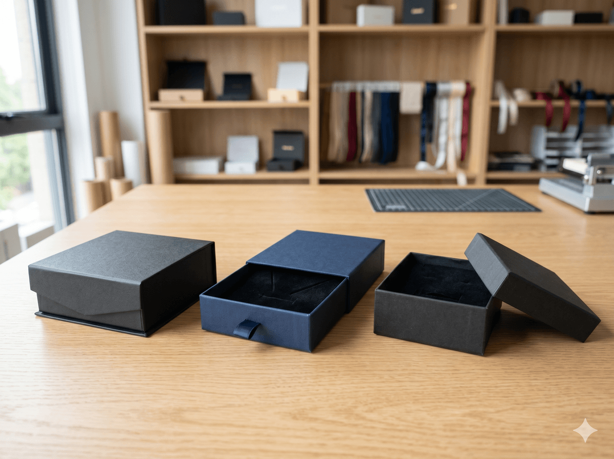 Jewelry packaging box styles including magnetic rigid box, drawer box, and lid and base box Jewelry packaging box styles including magnetic rigid box, drawer box, and lid and base box