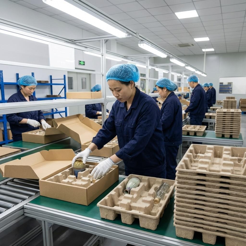 Eco-friendly molded pulp inserts being assembled on a factory line for home décor and lifestyle product shipping boxes. Eco-friendly molded pulp inserts being assembled on a factory line for home décor and lifestyle product shipping boxes.