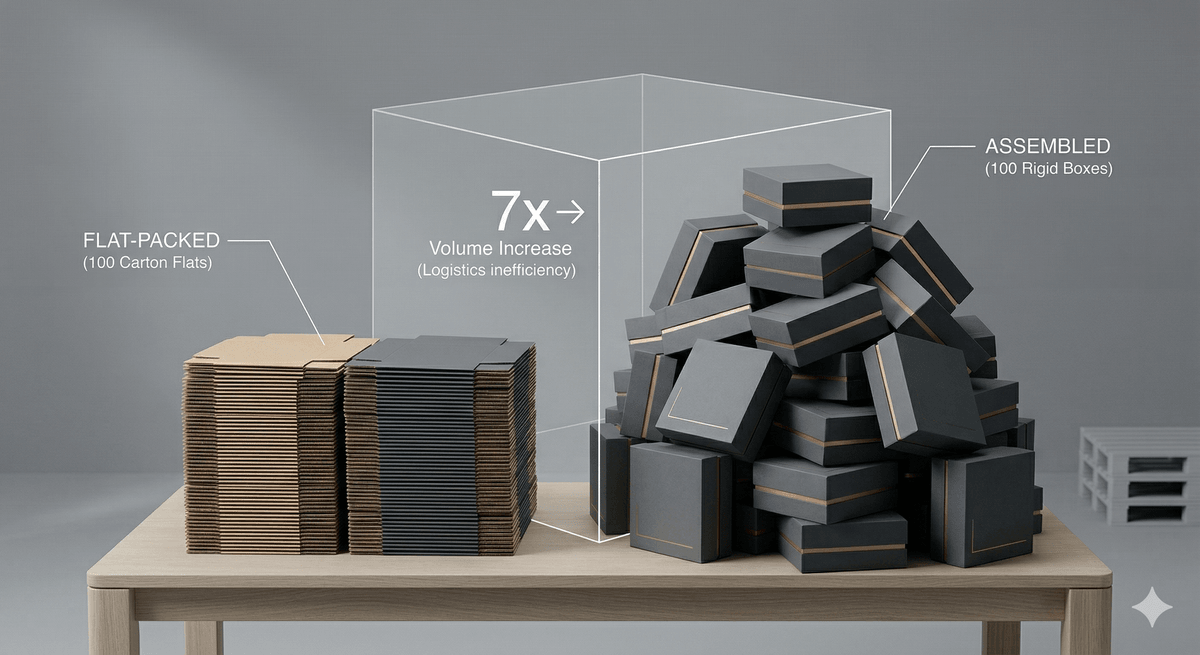 Flat packed folding cartons compared to assembled rigid boxes for shipping efficiency Flat packed folding cartons compared to assembled rigid boxes for shipping efficiency
