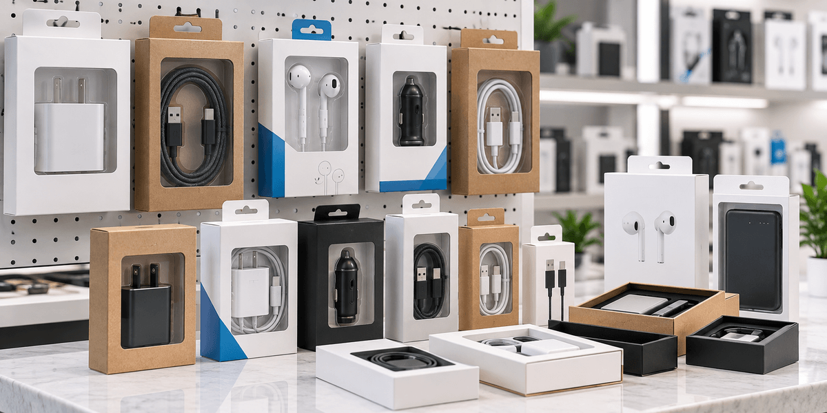 Retail display packaging for chargers cables earbuds and electronics accessories Retail display packaging for chargers cables earbuds and electronics accessories