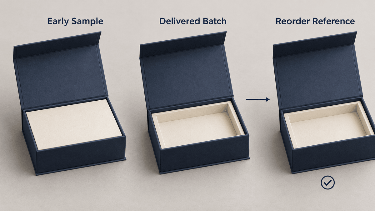 Comparing an early packaging sample with the delivered box to confirm the reference for a repeat order. Comparing an early packaging sample with the delivered box to confirm the reference for a repeat order.