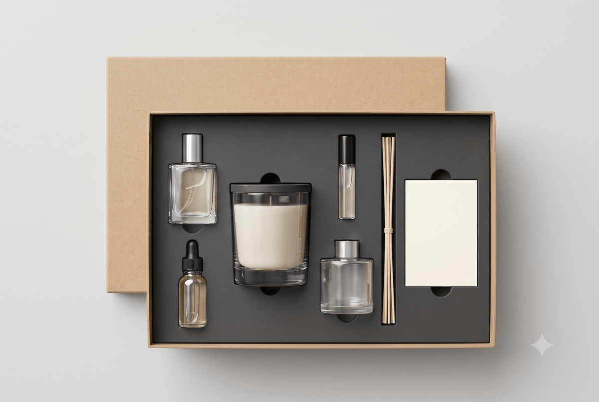 Custom fragrance gift set insert layout for perfume, candle and diffuser components Custom fragrance gift set insert layout for perfume, candle and diffuser components