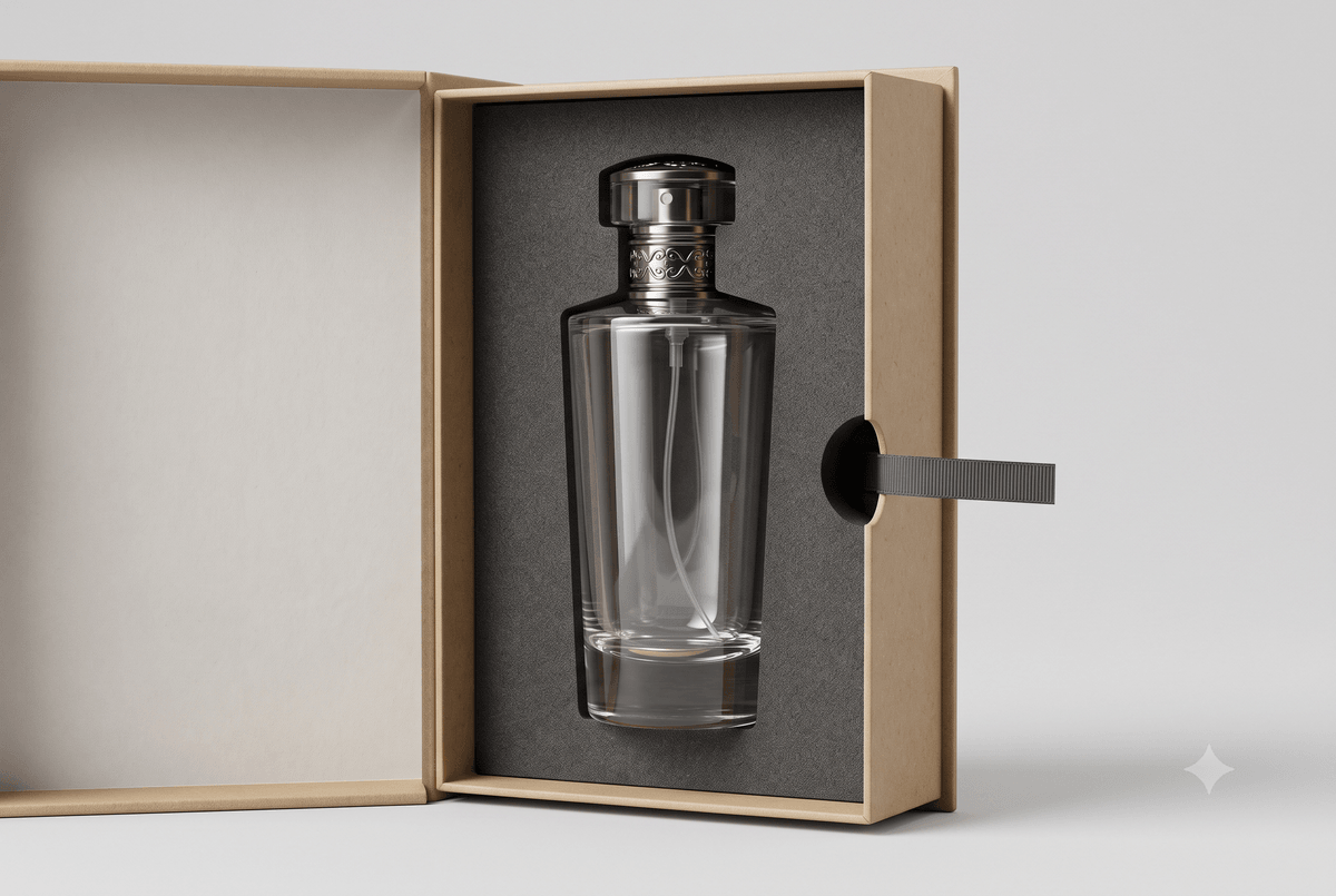 Custom insert supporting the base and body of a glass perfume bottle with cap clearance Custom insert supporting the base and body of a glass perfume bottle with cap clearance