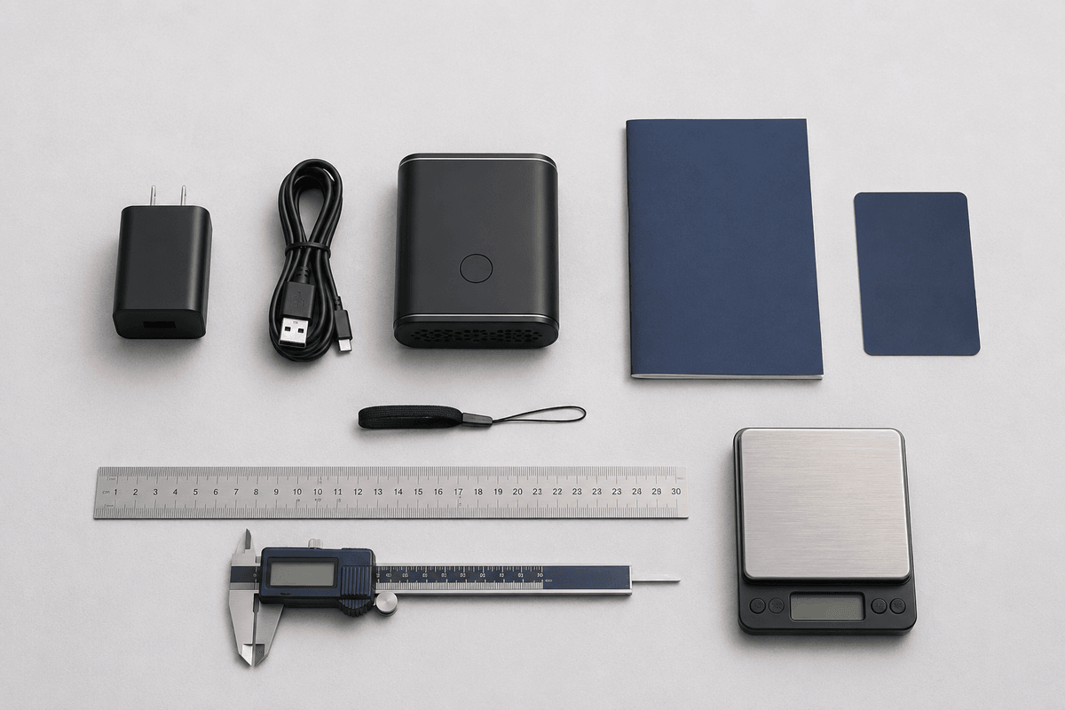 Complete electronics product set with device, cable, adapter, manual, and accessories arranged for packaging measurement Complete electronics product set with device, cable, adapter, manual, and accessories arranged for packaging measurement