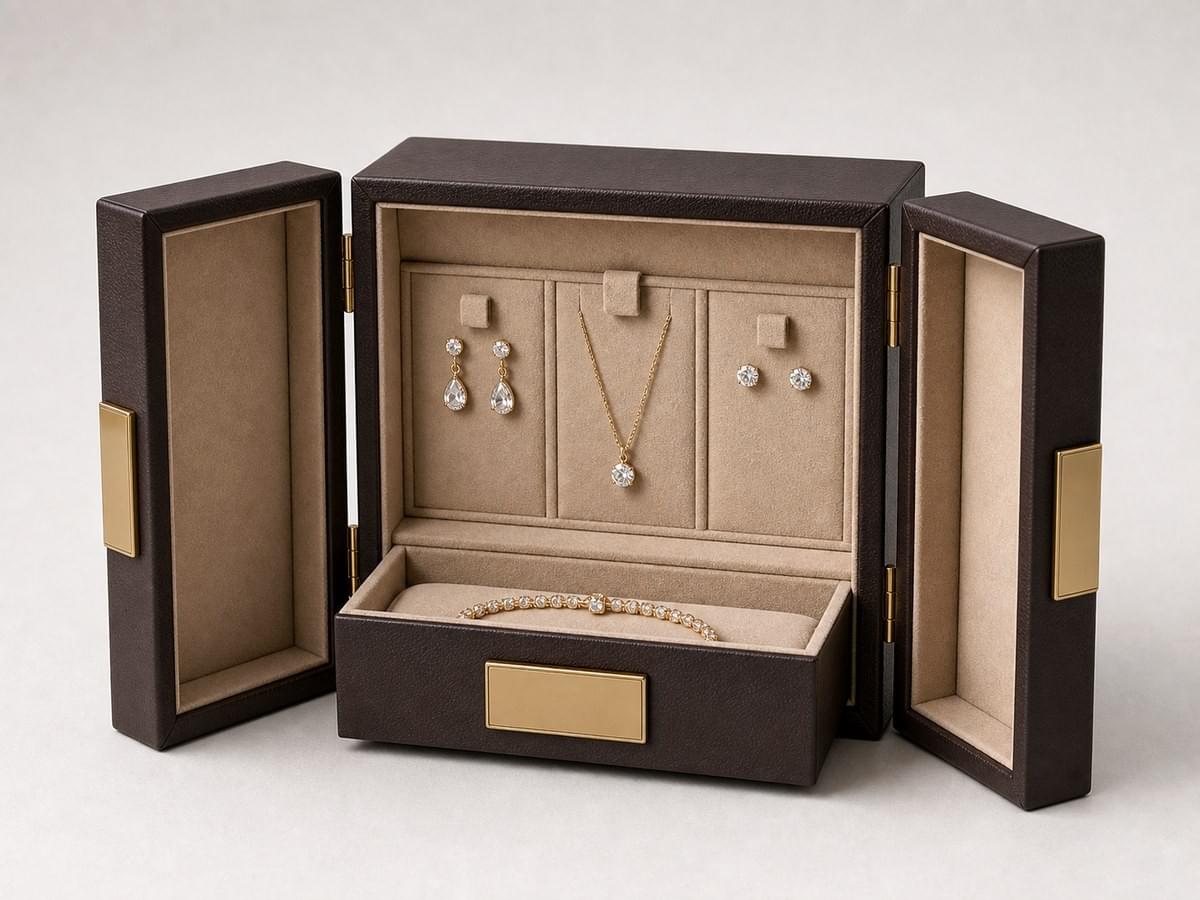 Dark brown leather double-door jewelry presentation box with velvet-lined compartments Dark brown leather double-door jewelry presentation box with velvet-lined compartments