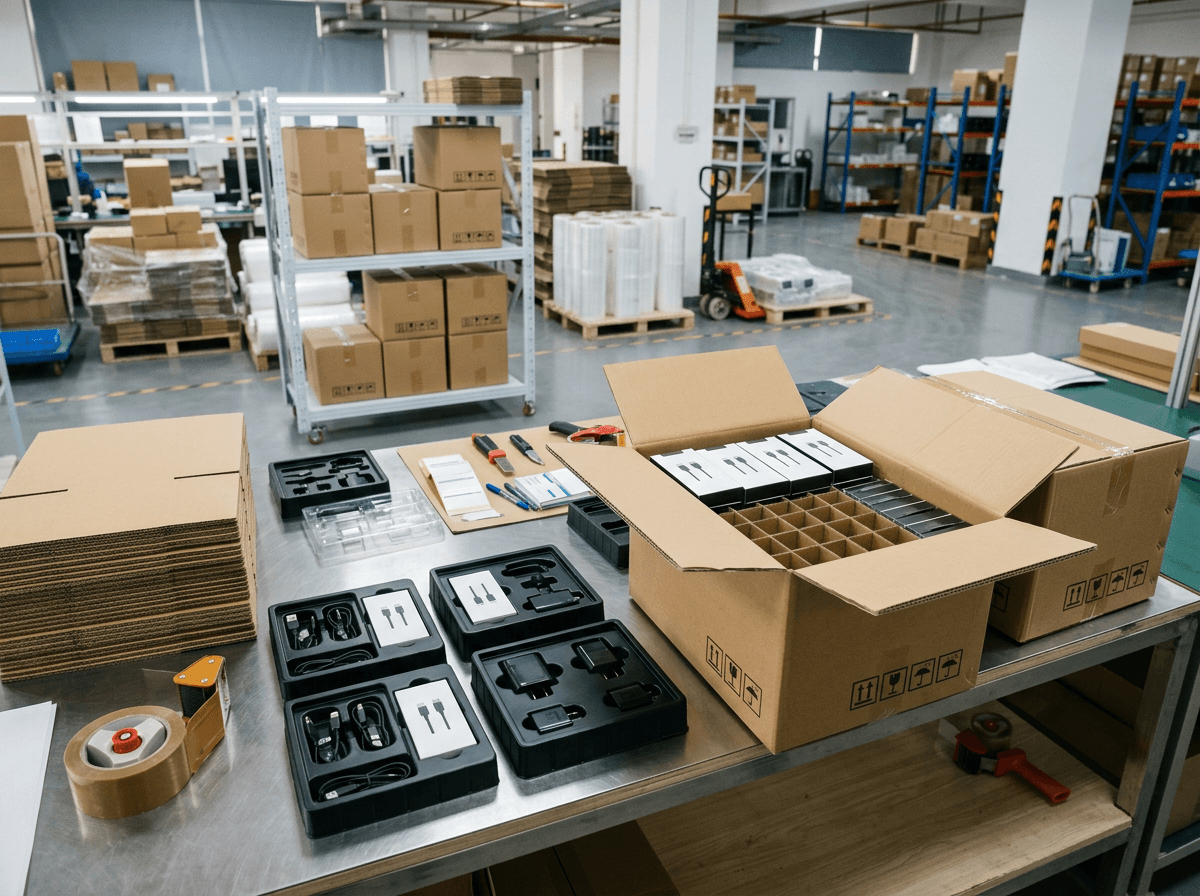 Electronics accessory packaging prepared for international shipping Electronics accessory packaging prepared for international shipping